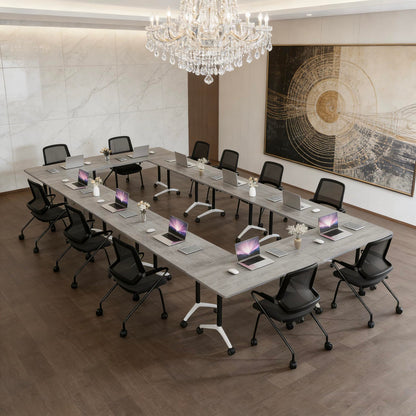 Folding Conference Table, Conference Room Tables with Wheels Foldable Large Rectangle Meeting Seminar Table for 6-12 People, Flip Top Mobile Training Table for Office Classr (4, Gray, 55.1in)