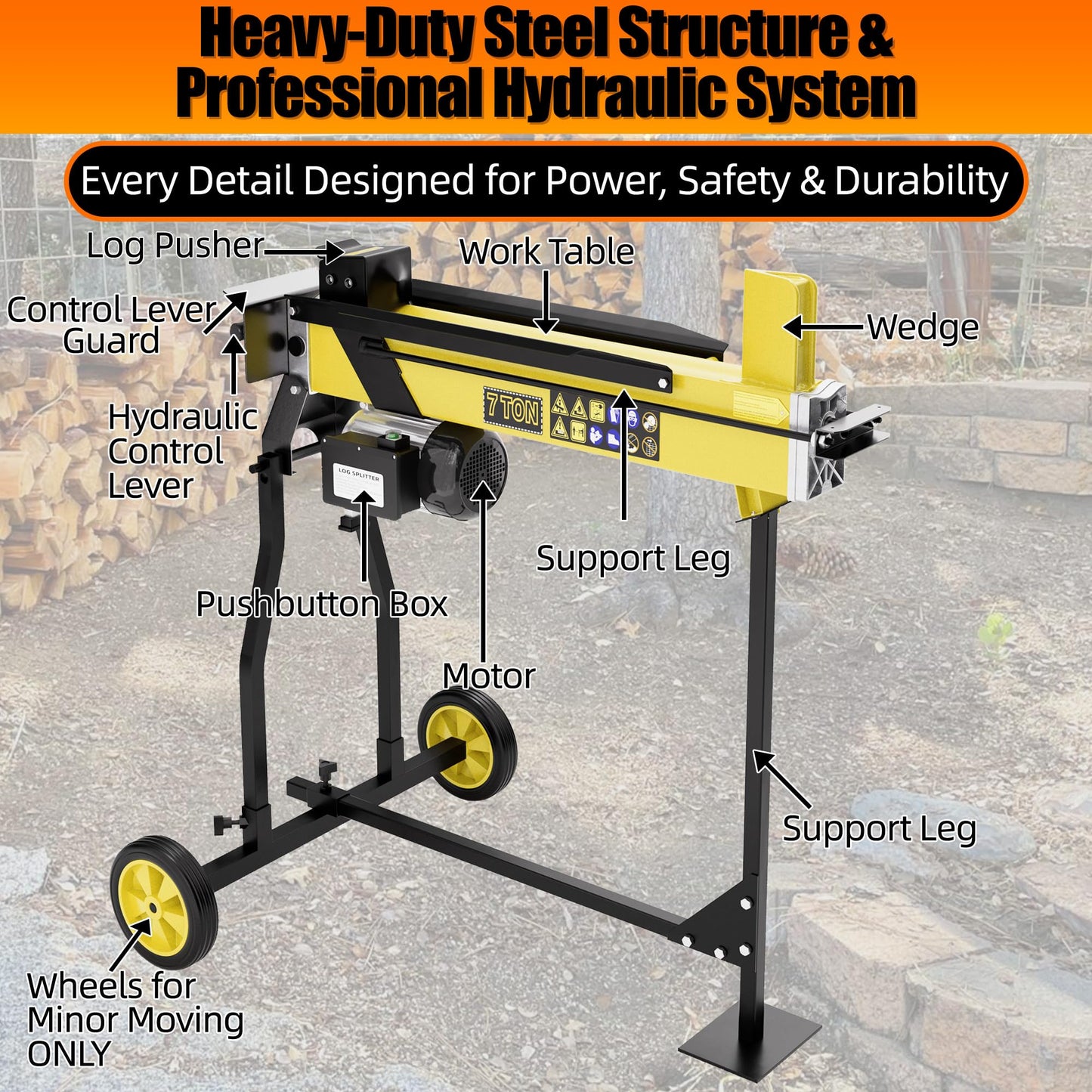 PPOLB 7 Ton Electric Wood Splitter, 15Amp Hydraulic Log Splitter with Stand, Portable Electric Log Splitter for Firewood, Compact Horizontal Wood Splitter for Backyard, Garage, Cabin - Yellow