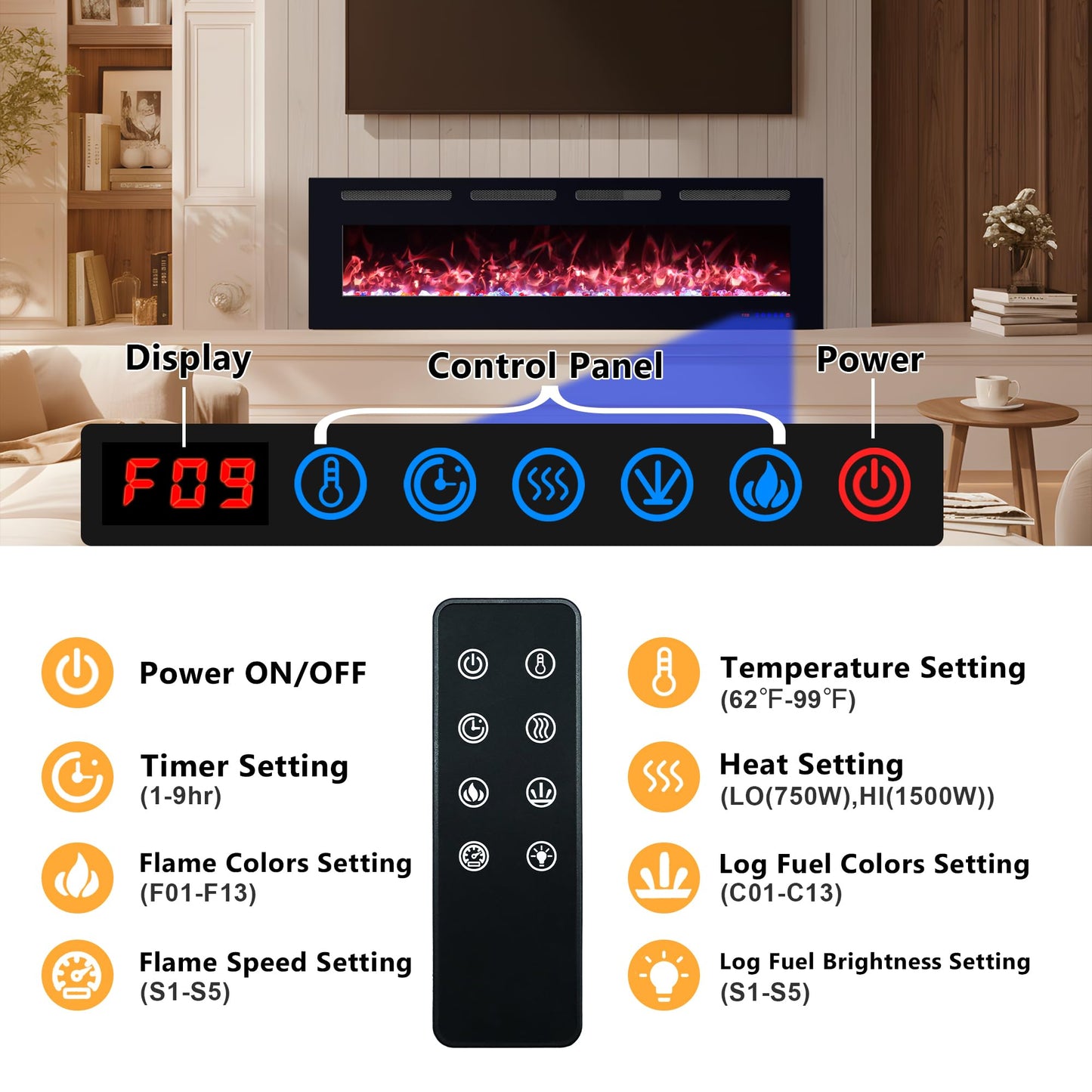 VILLABROT 42 Inch Ultra Thin Electric Fireplace Heater, Recessed & Wall Mounted Electric Fireplace Insert with Thermostat, 13 Flame Colors, Remote Control, 750/1500W for Living Room Bedroom