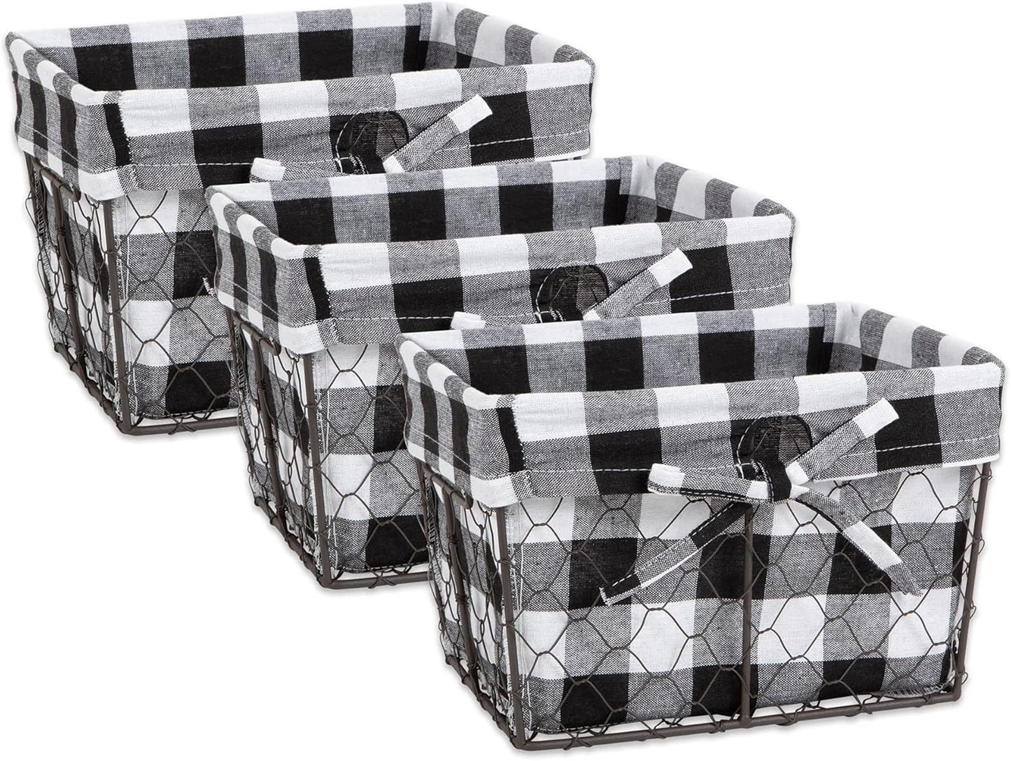 DII Farmhouse Chicken Wire Storage Baskets with Liner – Small, Vintage Black & White Check, 9x7x6", 3 Piece