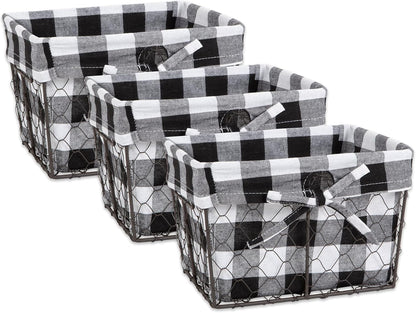 DII Farmhouse Chicken Wire Storage Baskets with Liner – Small, Vintage Black & White Check, 9x7x6", 3 Piece