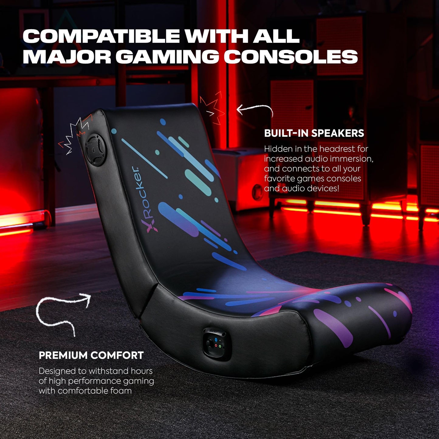 X Rocker Pixel Youth Video Gaming Floor Rocker Chair, Back to School Gifts for Gamers, Bedroom, Foldable, Black with Print