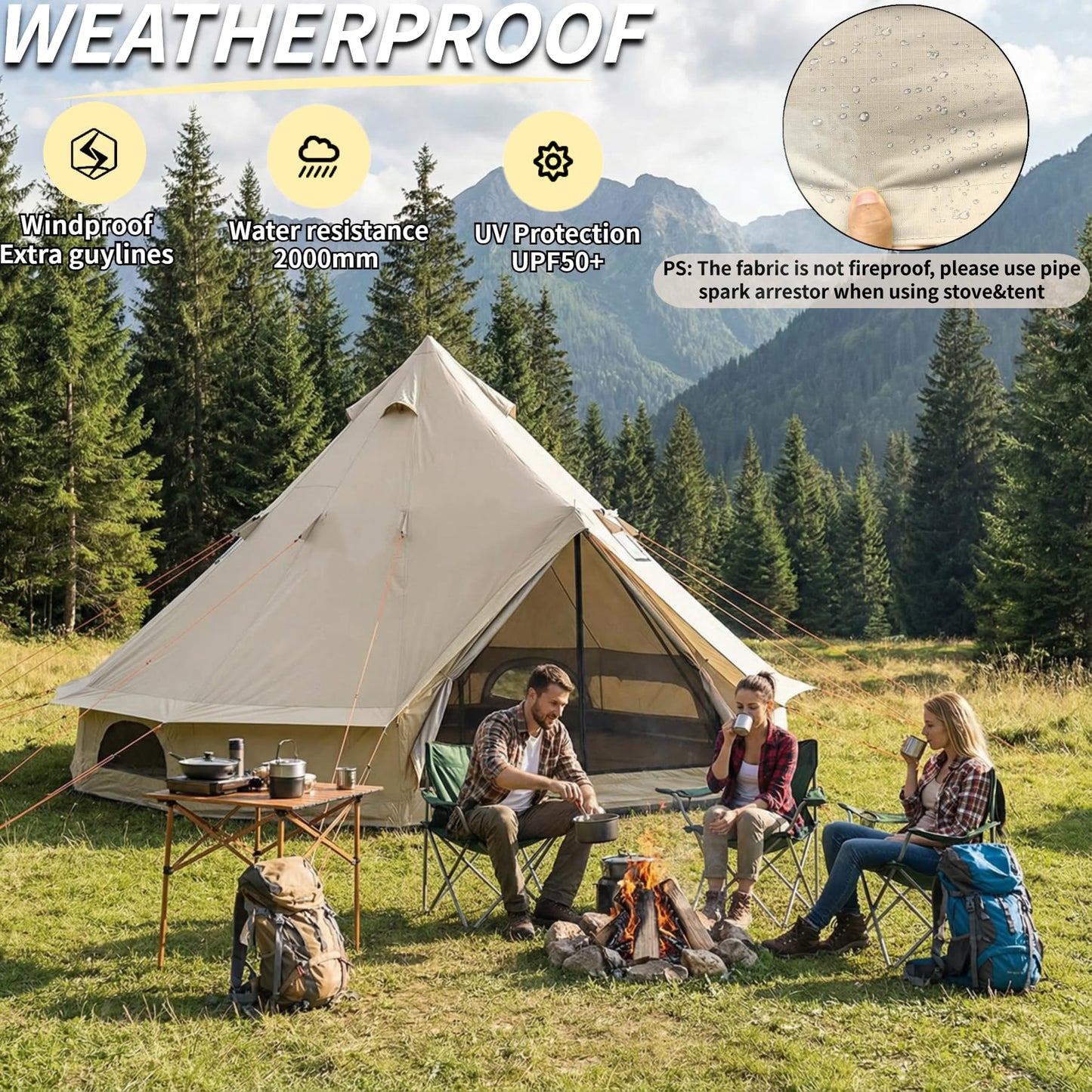 DANCHEL OUTDOOR B2 Portable Yurt with Footprint Tarp for All Year Living, 4 Season Bell Tent 4/6 Person Family Camping Glamping Party 300D Oxford Khaki,4m/13ft