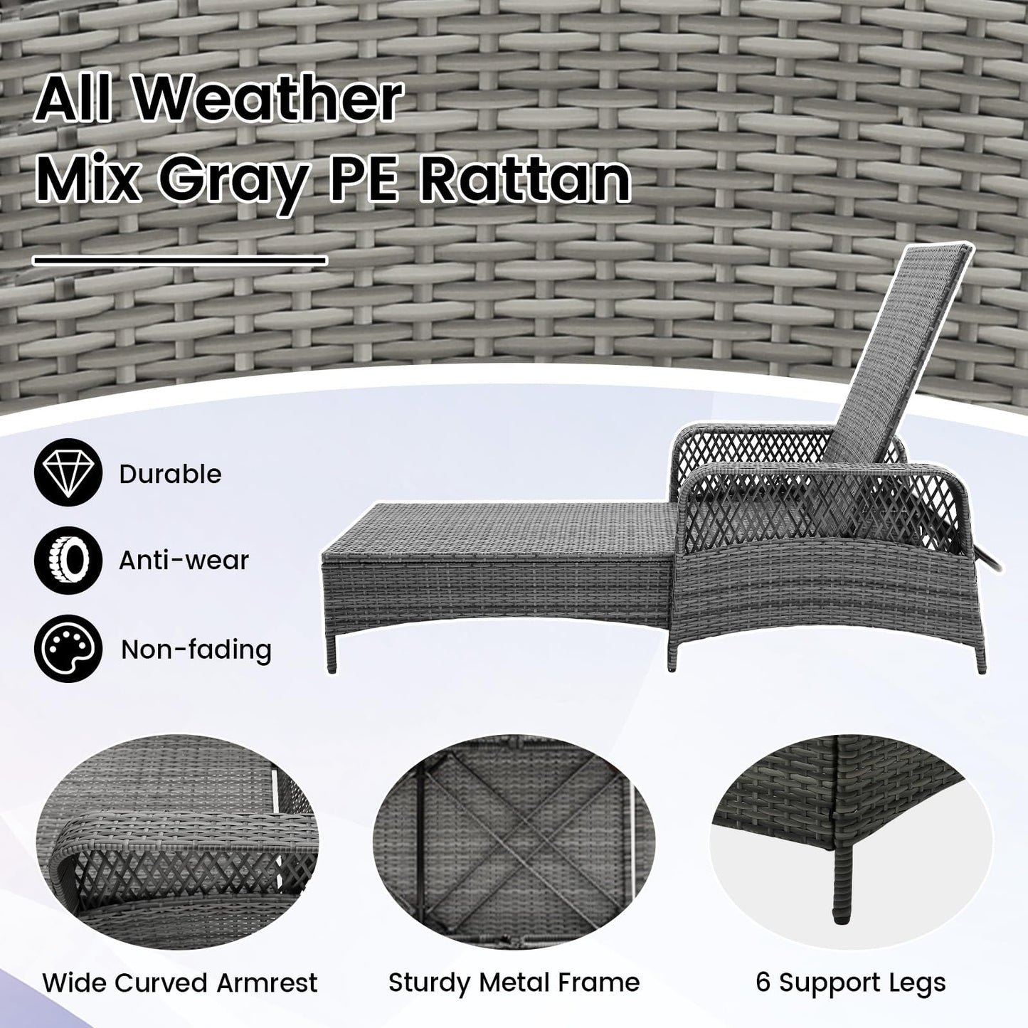 HAPPYGRILL 2PCS Patio Rattan Chaise Lounge, Outdoor PE Wicker Sun Lounger with Adjustable Backrest, Cushion & Pillow, Reclining Sunbed for Balcony Poolside Yard (Mix Gray & Gray)