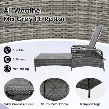 HAPPYGRILL 2PCS Patio Rattan Chaise Lounge, Outdoor PE Wicker Sun Lounger with Adjustable Backrest, Cushion & Pillow, Reclining Sunbed for Balcony Poolside Yard (Mix Gray & Gray)