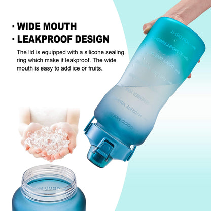 EYQ 64oz Leakproof Drinking Water Bottles, Half Gallon with Motivational Time Marker BPA Free for Fitness, Gym and Outdoor Sports (Navy/Green Gradient)
