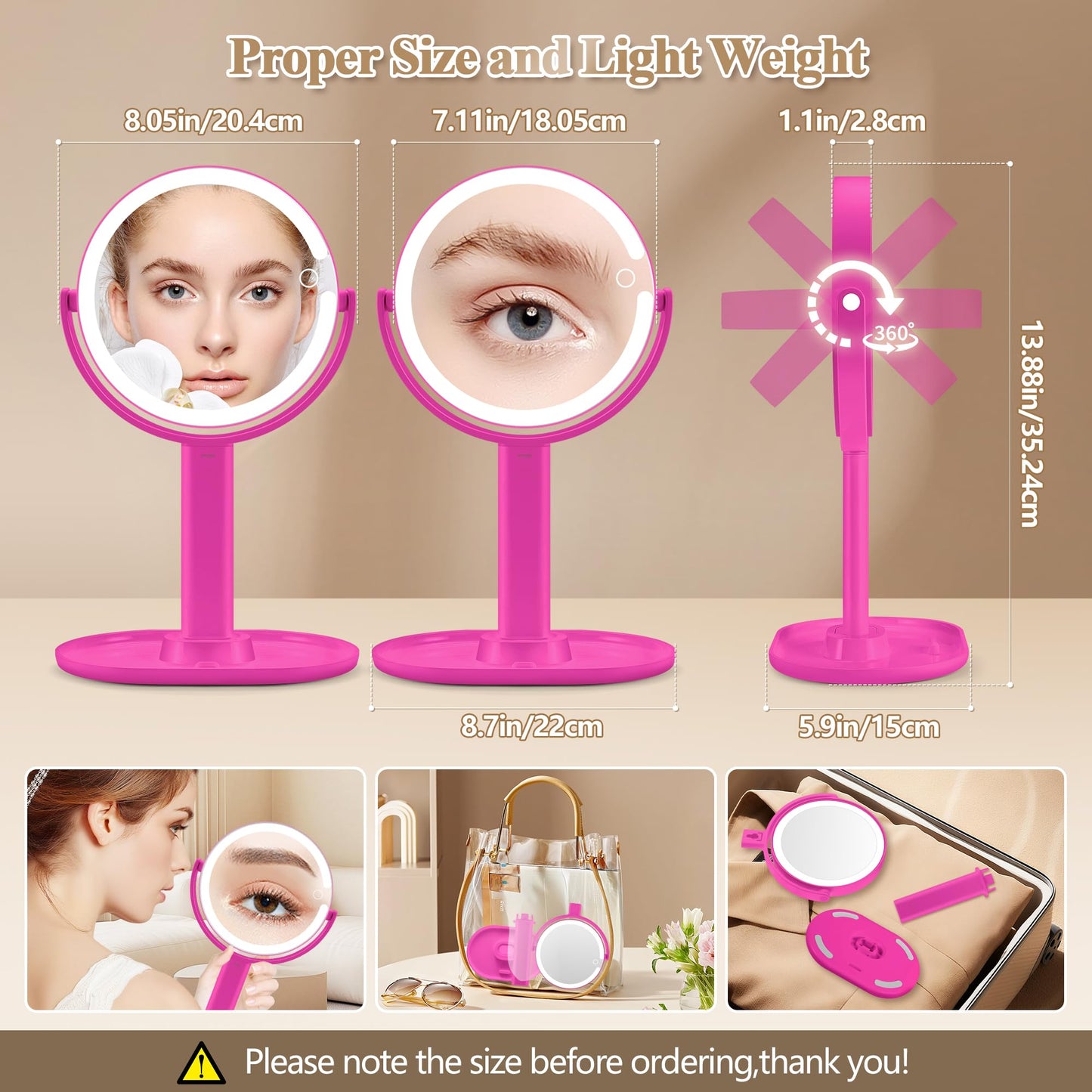 Makeup Mirror with Lights, Double Sided 1x/20x Magnifying Mirror with Light, Rechargeable 3 Color Lights and Adjustable Brightness, 360° Rotation Detachable Comes with Tweezer(Black)