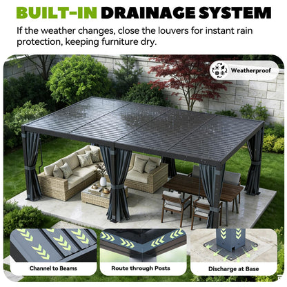 MELLCOM Louvered Pergola 12x20, Steel Aluminum Pergola with Adjustable Louvered Roofs, Outdoor Gazebo with Waterproof Curtains and Nets, Black