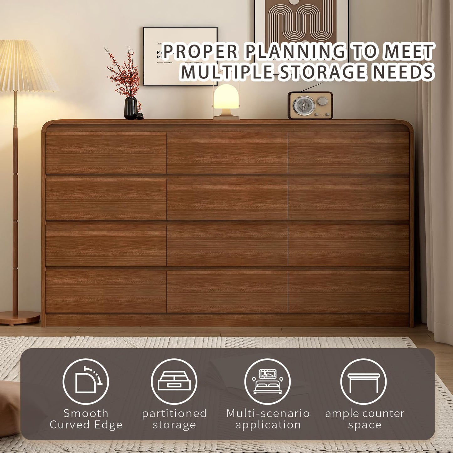 Messenya Modern 12-Drawer Dresser 63-Inch Wide, Curved Anti-Collision Design, Mid-Century Storage Cabinet with Pre-Embedded Slots, Sturdy Reusable, Ideal for Bedroom/Living Room/TV (Brown, 12-63)