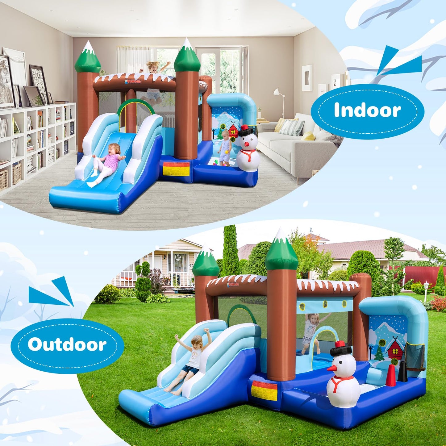 OLAKIDS Inflatable Bounce House, Christmas Snowman Theme Kids Jumping Castle with Slide Ball Pit Basketball Rim, Indoor Outdoor Inflatable Obstacle Course with 680W Blower Carry Bag