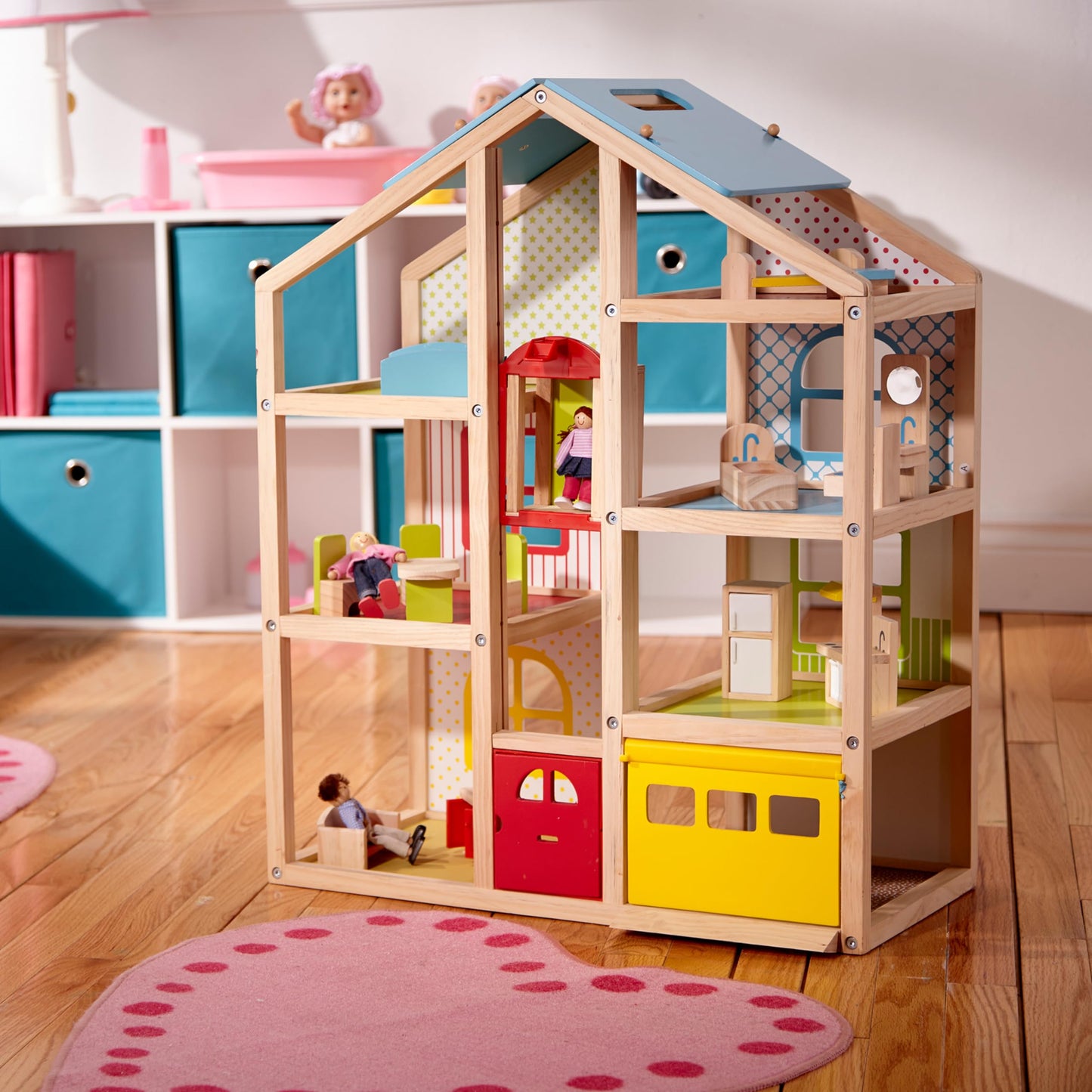 Melissa & Doug Wooden Hi-Rise Dollhouse with 15 Furniture Pieces, Garage, Working Elevator Preschool Dollhouse for Kids Ages 3+