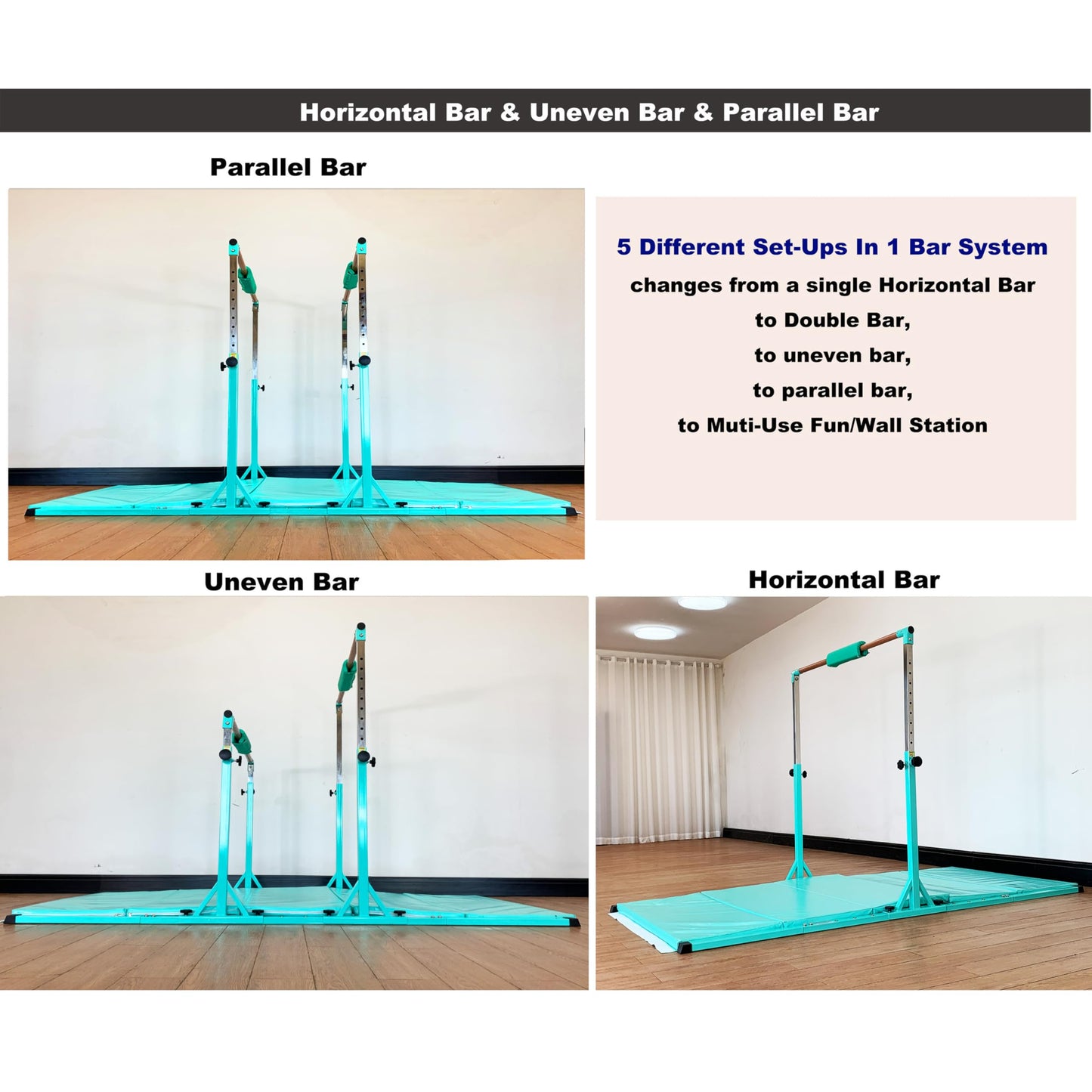 MARFULA Gymnastics Double Horizontal Bars 3Play Gymnastic Parallel Bars with Mat Uneven Bars Gymnastics Training Bar with 304 Stainless Steel Regulating Arms & Fiberglass Rail for Home Club Use