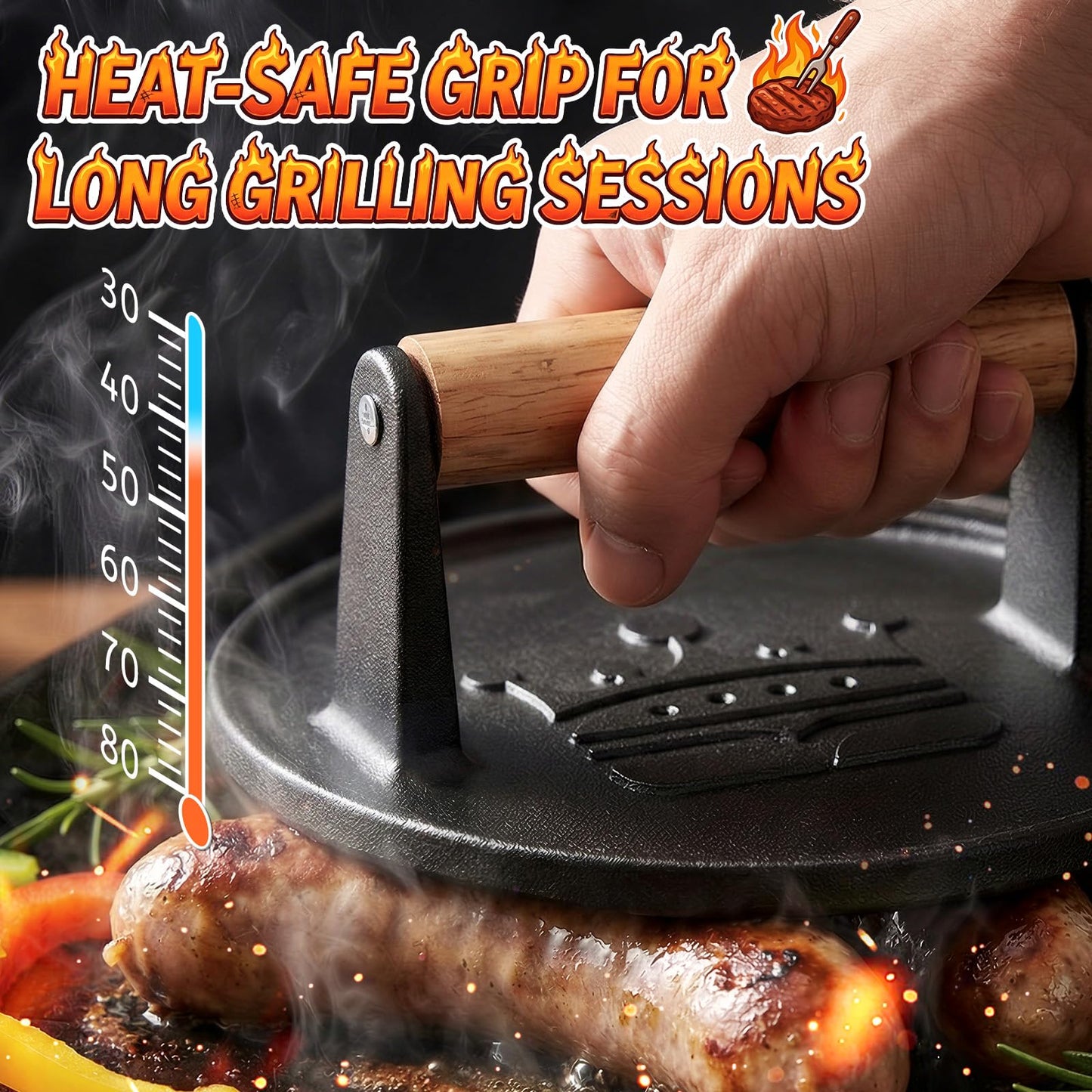 Smash Burger Press 6.5”,Cast Iron Flat Round Edge Grill/Bacon/Meat/Hamburger/Chef Press with Wood Handle,1.74lb hamburger press patty maker for Griddles,Nonstick burger smasher for griddle accessories