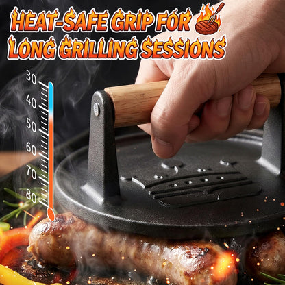 Smash Burger Press 6.5”,Cast Iron Flat Round Edge Grill/Bacon/Meat/Hamburger/Chef Press with Wood Handle,1.74lb hamburger press patty maker for Griddles,Nonstick burger smasher for griddle accessories