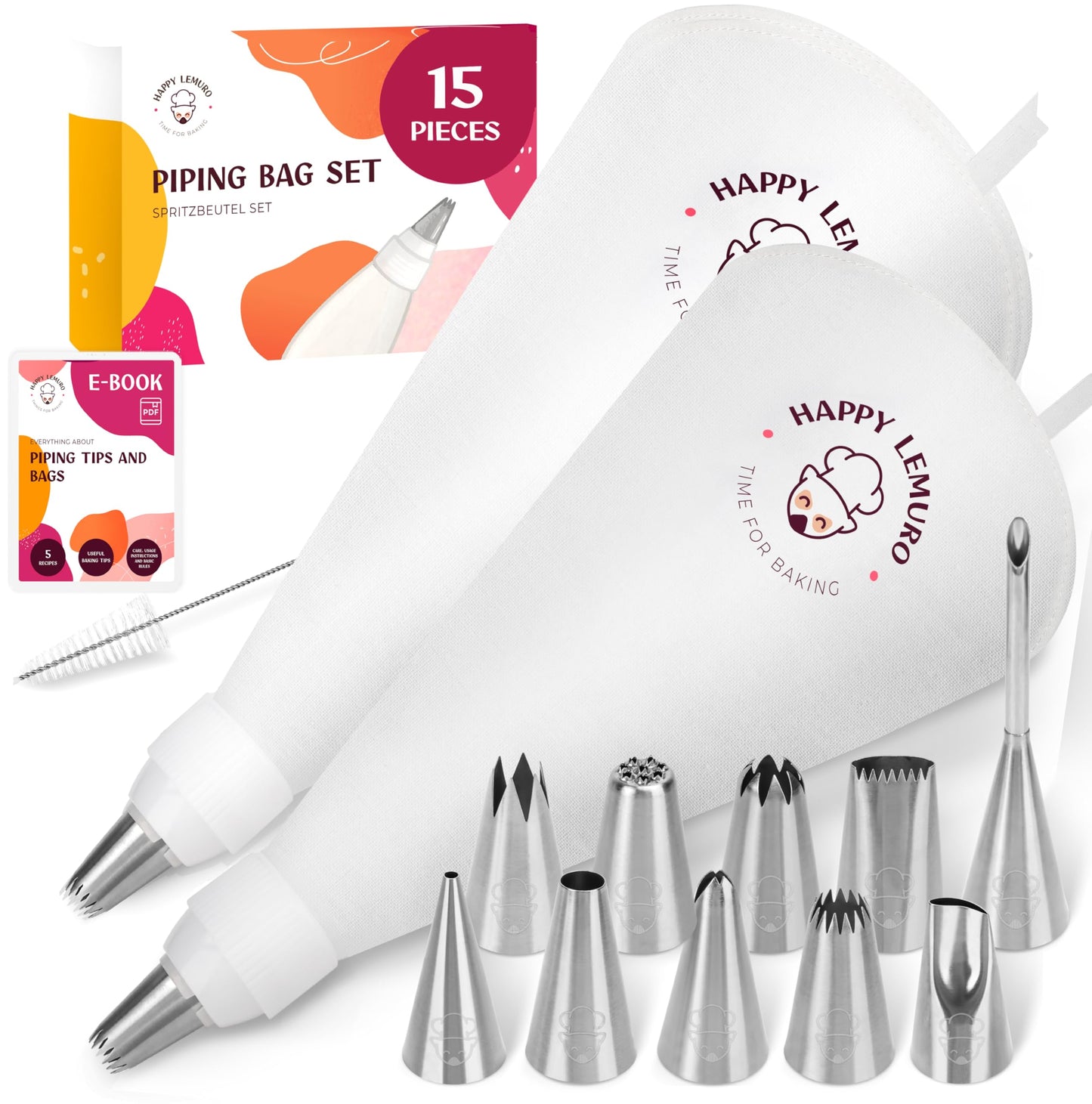 Cake Decorating Kit – Reusable 16" & 14" Cotton Piping Bags with 10 Large Stainless Steel Icing Tips – Durable, Food-Grade & Dishwasher Safe