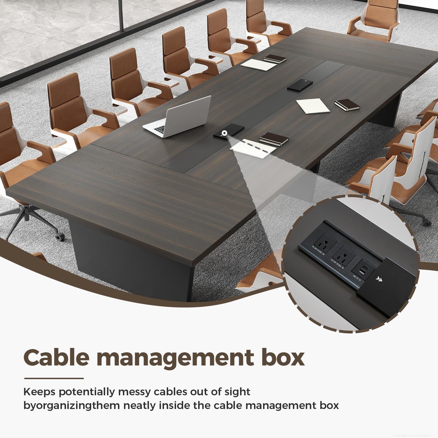 Nuipesn 118 Inch Rectangular Conference Table, 10FT Meeting Table for 10-12 People, Built-in Power Outlets and USB Charging Ports, Cable Management, 2 Inch Thick Top, Walnut and Charcoal Gray