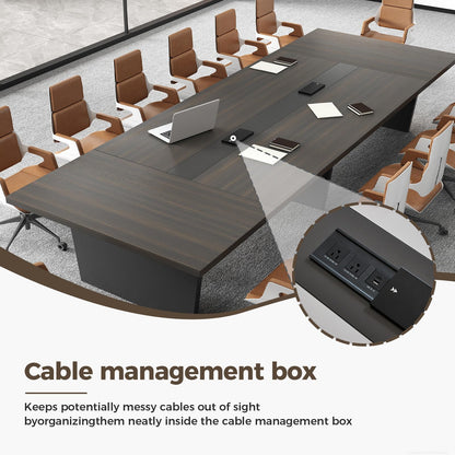 Nuipesn 118 Inch Rectangular Conference Table, 10FT Meeting Table for 10-12 People, Built-in Power Outlets and USB Charging Ports, Cable Management, 2 Inch Thick Top, Walnut and Charcoal Gray