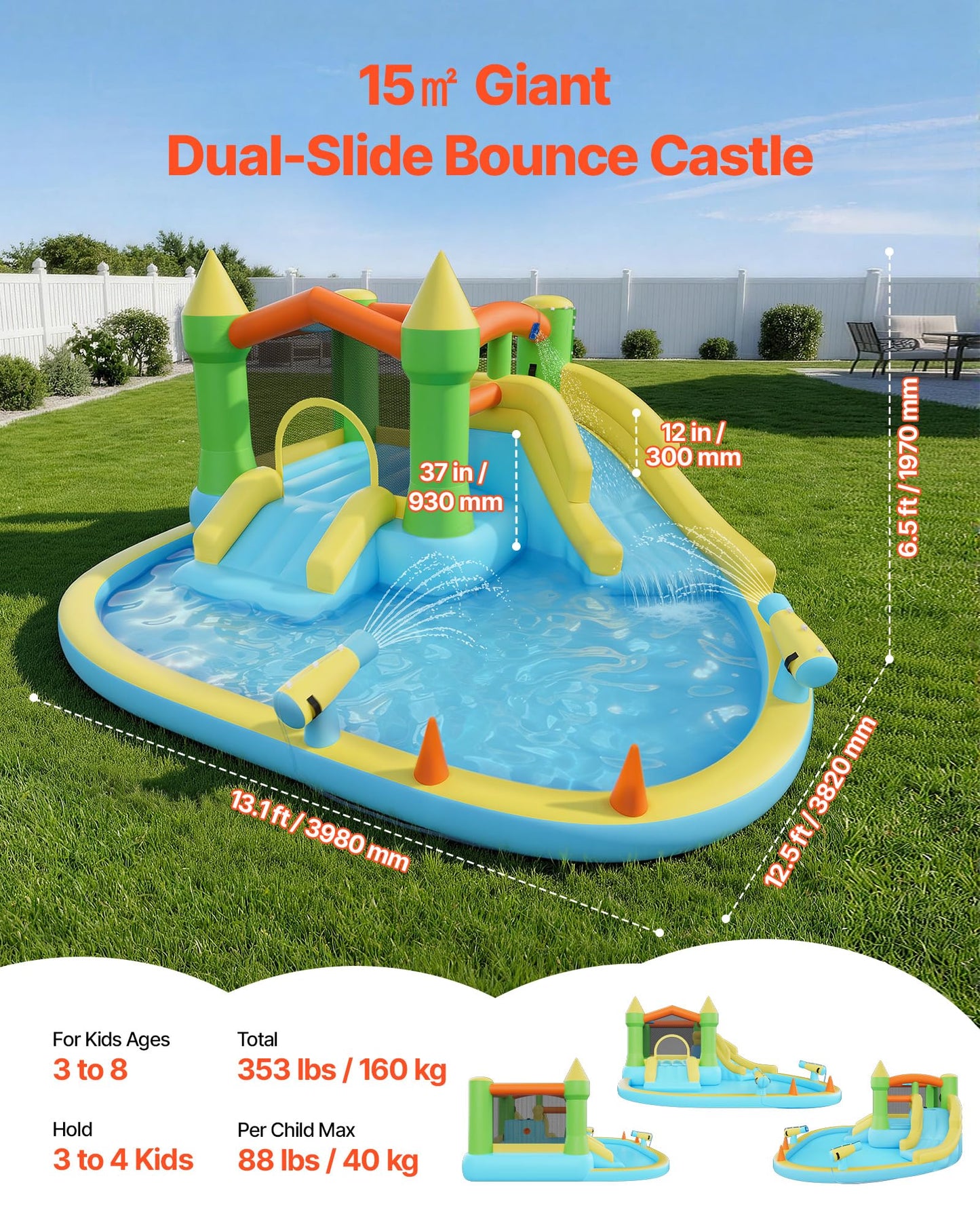 VEVOR Bounce House for Kids, Inflatable Bounce House with Air Blower, Water Slide, Bouncer Castle with Castle Bounces, Basketball Hoop, Splash Pool & Water Ring Toss, for 3 to 4 Kids Ages 3 to 8