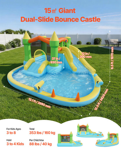 VEVOR Bounce House for Kids, Inflatable Bounce House with Air Blower, Water Slide, Bouncer Castle with Castle Bounces, Basketball Hoop, Splash Pool & Water Ring Toss, for 3 to 4 Kids Ages 3 to 8