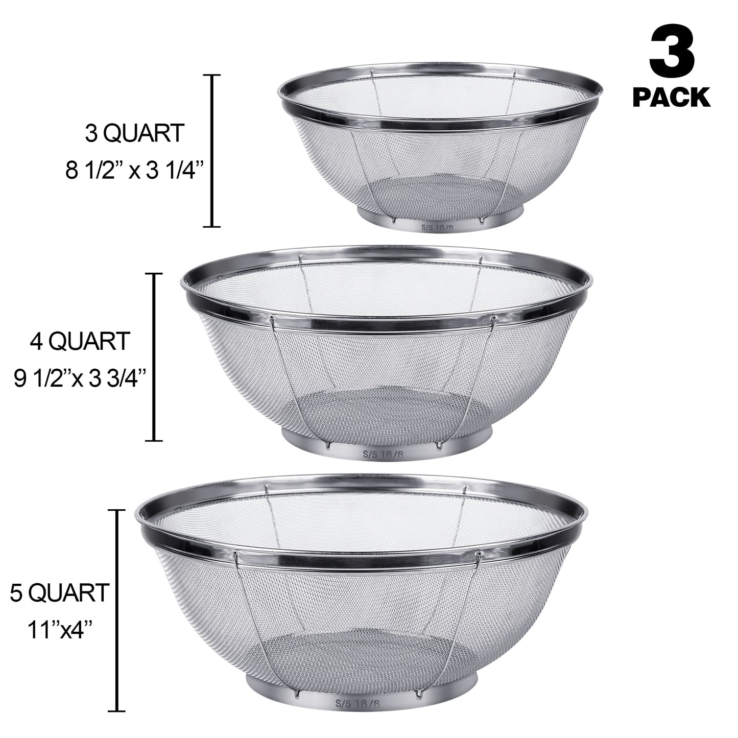 3 Pack Strainers for Kitchen, 18/8 Stainless Steel Colander, Fine Mesh Strainer for Pasta, Rice and Fruit, Sieve for Strain, Drain, Rinse or Steam (5-Quart, 4-Quart and 3-Quart)