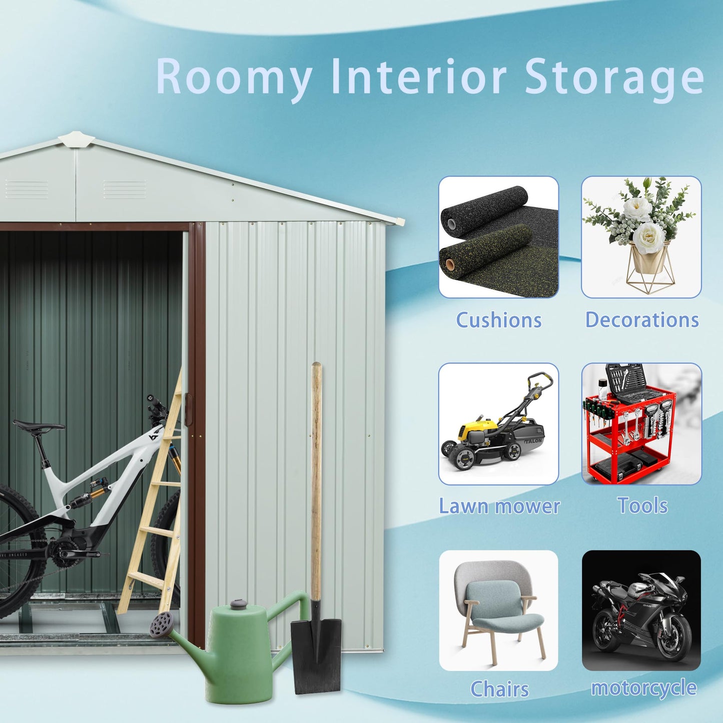 Favfurish 8 x 4 FT Outdoor Storage Shed with Side Window, Metal Garden Shed w/Sliding Doors & Lock, Floor Base and Air Vents, Utility Tool Storage House for Backyard Lawn, White