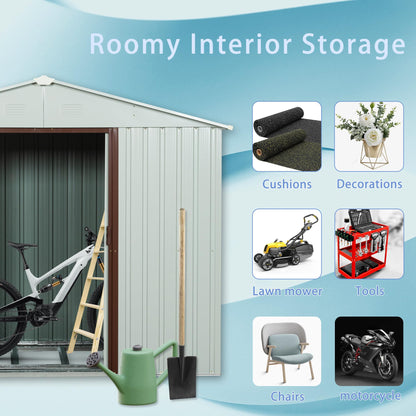 Favfurish 8 x 4 FT Outdoor Storage Shed with Side Window, Metal Garden Shed w/Sliding Doors & Lock, Floor Base and Air Vents, Utility Tool Storage House for Backyard Lawn, White
