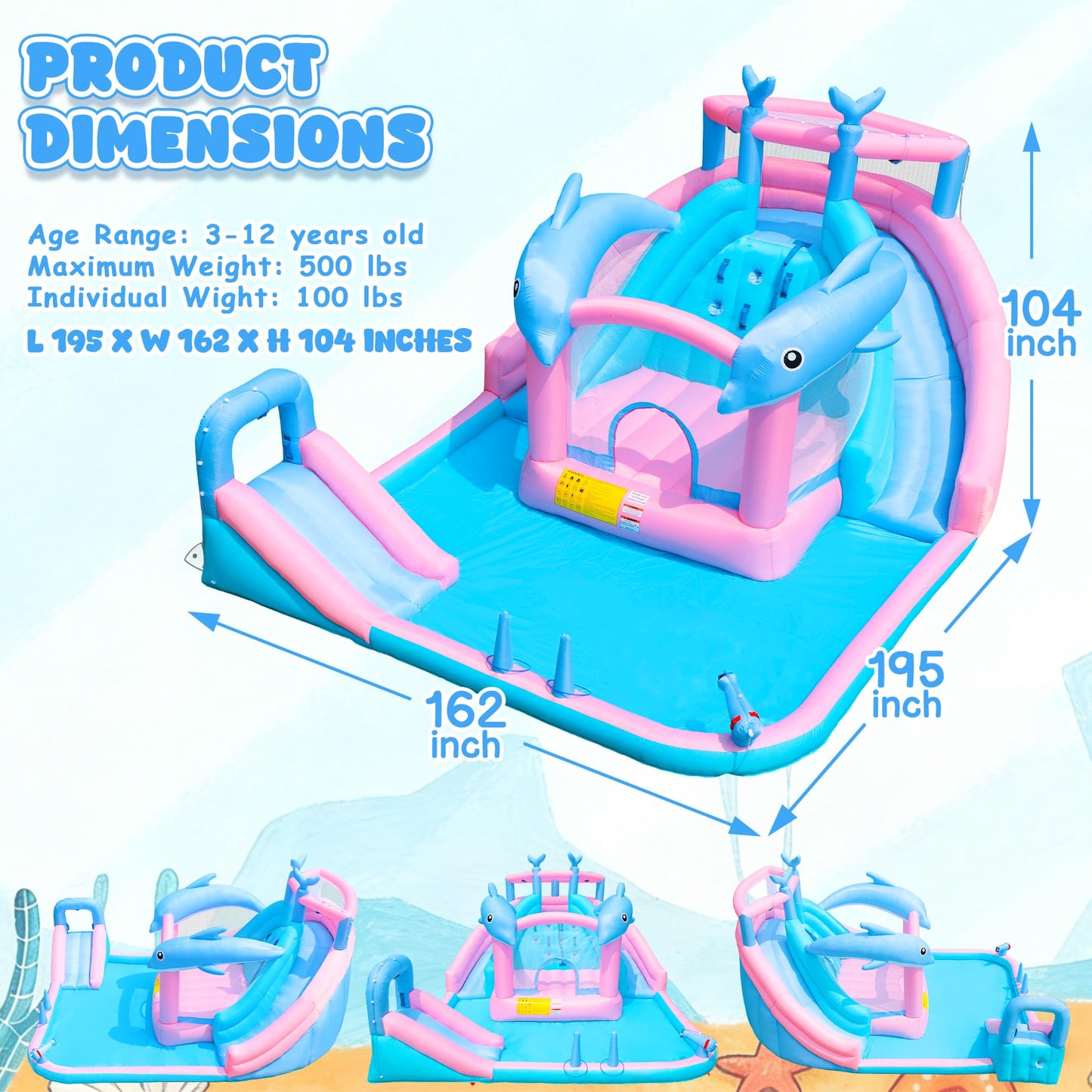 BounBounTime Inflatable Water Slide, Dolphin Bounce House for Kids 3-12, Water Park with Blower, Splash Pool, Climbing Wall, Water Cannon, Bouncy Castle for Backyard Summer Fun, 195 x 162 x 104 inches