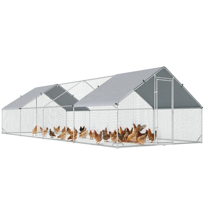 PawHut Large Chicken Coop Metal Chicken Run with Waterproof and Anti-UV Cover, Spire Shaped Walk in Fence Cage Hen House for Outdoor and Yard Farm Use, 1" Tube Diameter, 9.8' x 26.2' x 6.6'