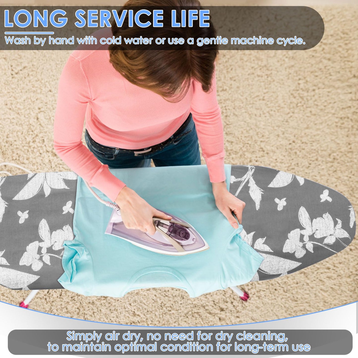 Ironing Board Cover 20" x 55" Extra Wide Thick Padding Fits Most Ironing Boards , Non-Stick, Scorch & Stain Resistant, Easy Install Elastic Edge, Bonus Heat Resistant Ironing Mesh Press Cloth for Home