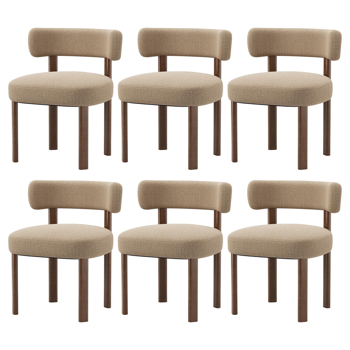 smartue Wooden Dining Chairs Set of 6, Upholstered Kitchen Chairs with Solid Wood Legs, Mid Century Dining Room Chair with Ergonomic Curved Backrest for Kitchen Dining Vanity, Camel
