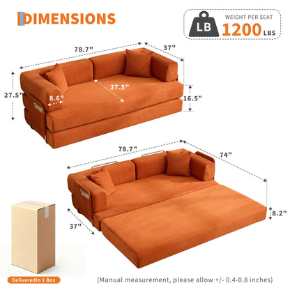 IDEALHOUSE Convertible Sofa Bed 5-in-1, 78.8 Inch Folding Futon Couch with Pull Out Bed, Corduroy Upholstered No-Assembly Loveseat Sleeper for Living Room, Bedroom, Lounge, Orange