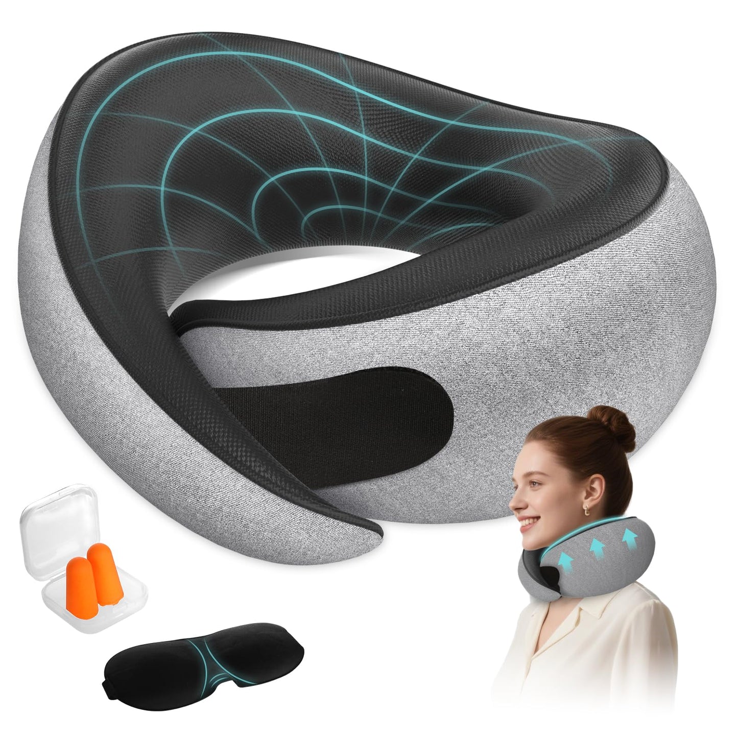 FIOGIKO Travel Neck Pillows for Airplanes, 360° Ergonomic Memory Foam Travel Pillow - Relief Neck Pain with Breathable Support for Long Flights, Car, Train & Office Use - Adults & Kids