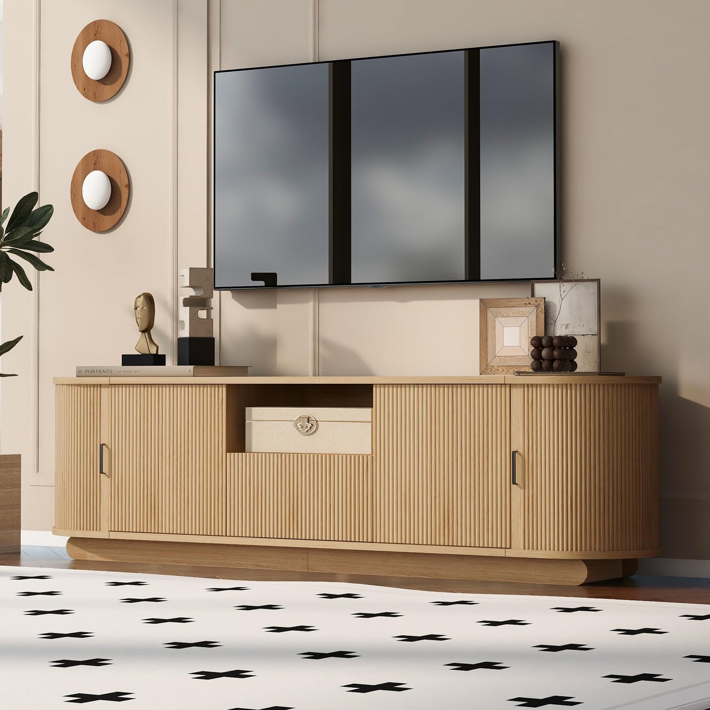 Merax TV Stand with Storage, Sliding Door Cabinets, Drawer and Open Shelf, Wooden Entertainment Center for Living Room, Media Console Table, Acacia Wood