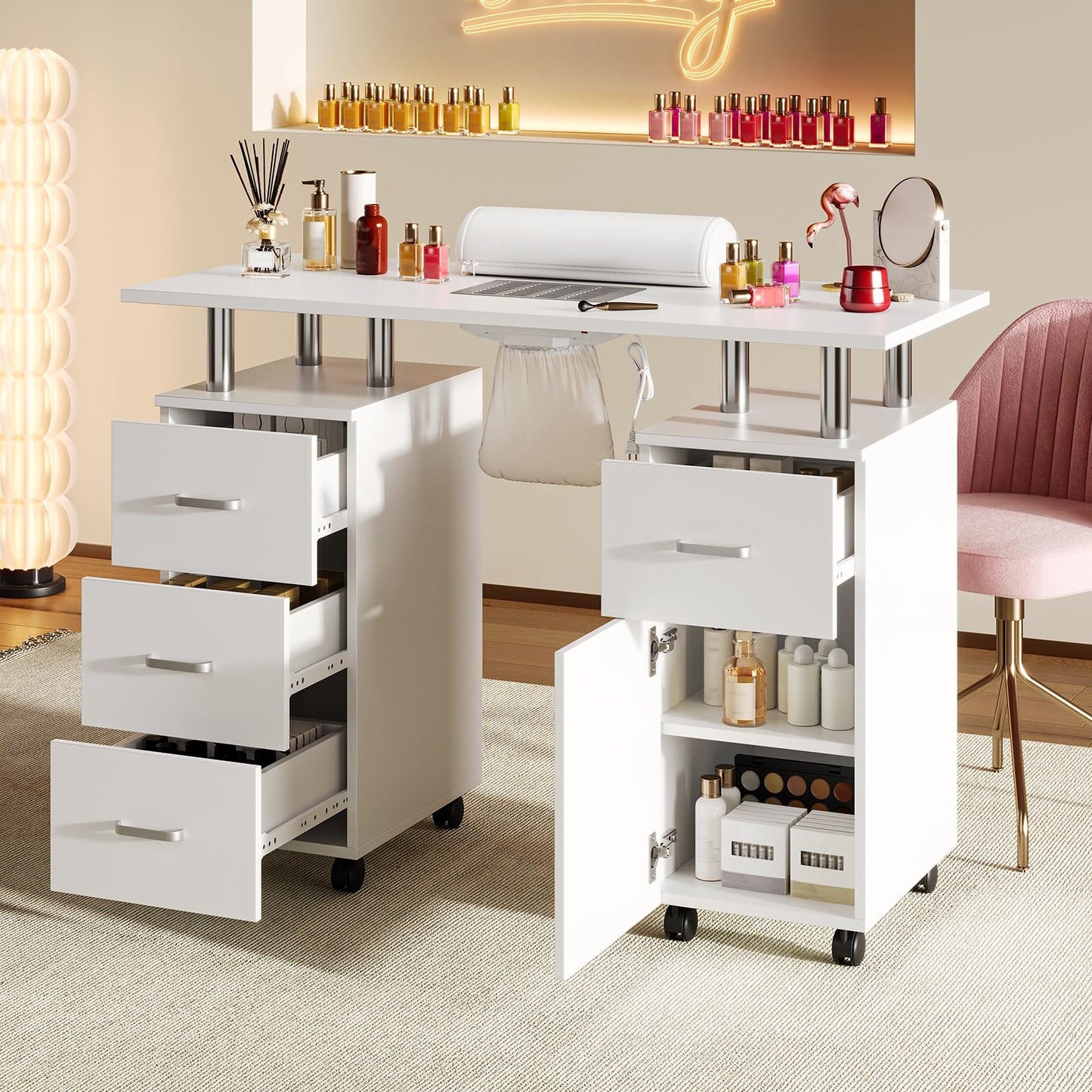 PeacefulHues Manicure Table Nail Desk, Nail Station with Electric Dust Collector, Wrist Rest and Storage Drawers Cabinet, Beauty Salon Workstation for Nail Tech, White