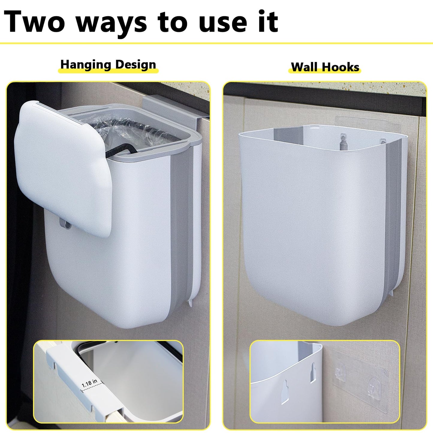 Soddeph 3.2 Gallon Foldable Hanging Trash Can with Lid for Cabinet Door,Kitchen Compost Bin,Wall-Mounted Plastic Garbage Can for Countertop or Under Sink, Bathroom and RV (White with lid)