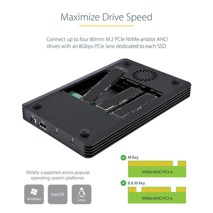 StarTech.com 4 Bay Thunderbolt 3 NVMe Enclosure, for M.2 NVMe SSD Drives, 1x DisplayPort Video/ 2X TB3 Downstream Ports, 40Gbps, 72W Power Supply, External Hard Drive Enclosure , TAA (M2E4BTB3)