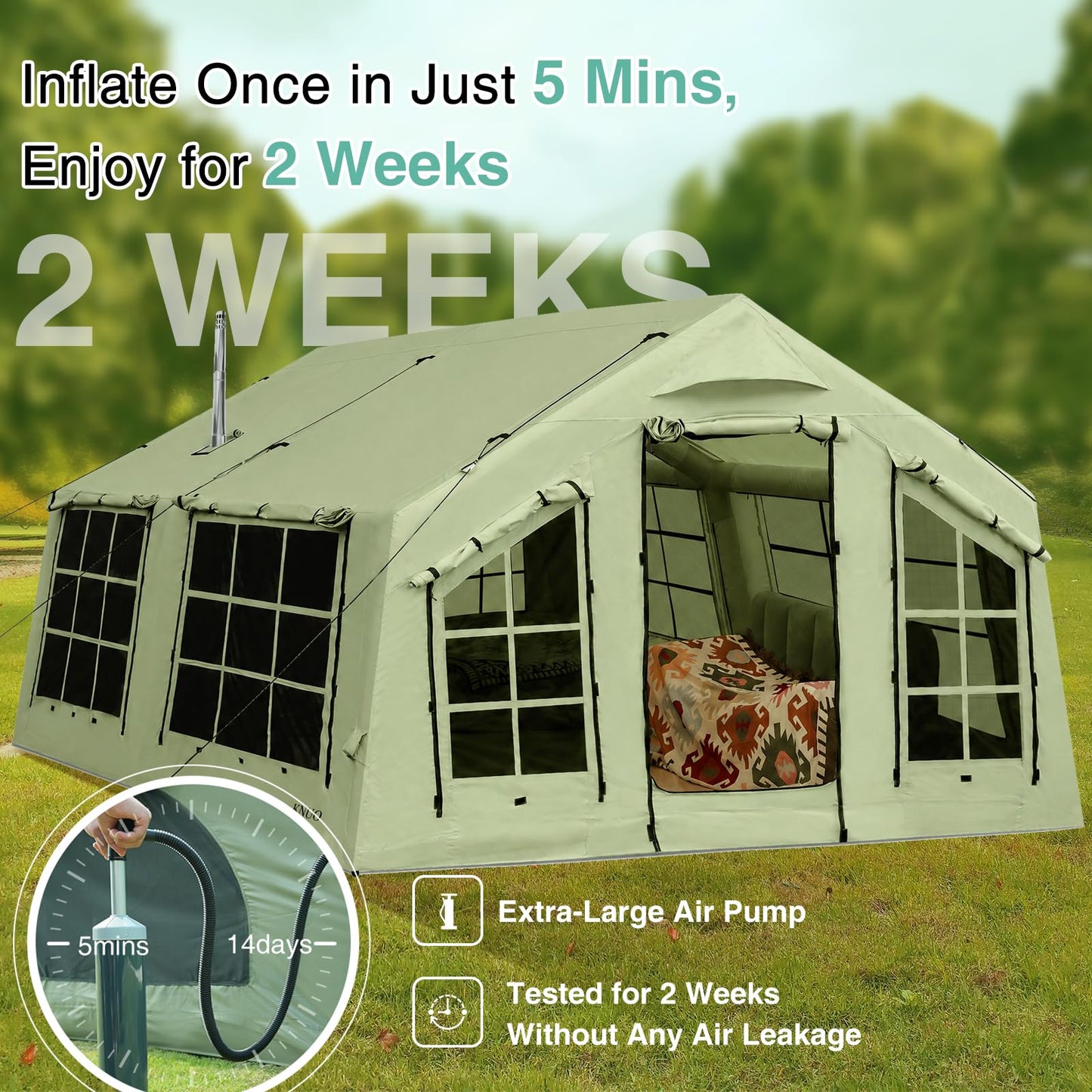 KNUO 2026 Upgraded 100% Waterproof Inflatable Camping Tent for 6~8 People, Large Blow-Up Air Tent, No Assembly Needed Luxury Glamping House, 12x15ft Oxford Fabric, Green