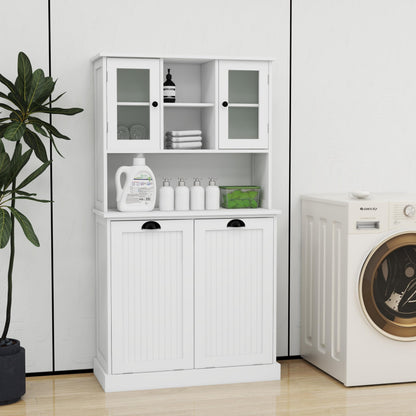 Amacv Two-Compartment Tilt-Out Dirty Laundry Basket Tall Bathroom Cabinet with 2 Adjustable Shelves-White