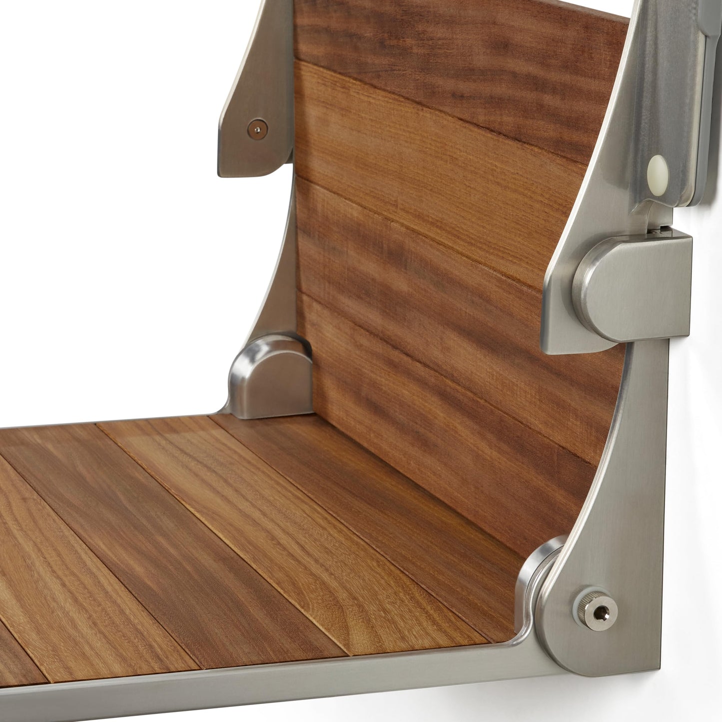 Silhouette Comfort Plus Folding Shower Seat with Armrests & Legs – Heavy-Duty Wall-Mounted Shower Bench, Teak Wood Seat with Silver Frame