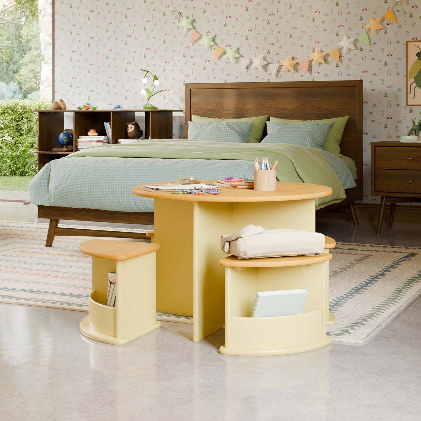 Babyletto Nessa Nesting Play Table - Kids Table and Chair Set w/ 4 Storage Stools - GREENGUARD Certified Round Wooden Toddler Playroom Set for Reading, Art, Play in Nursery/Home - Pale Yellow/Honey