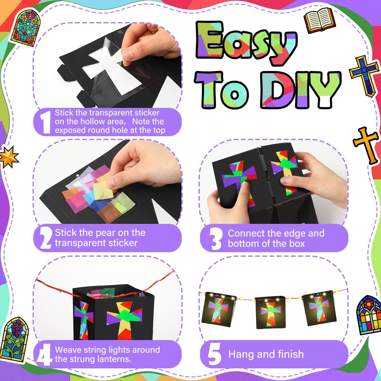 VIHOSE 24 Sets Religious Cross Craft Christian DIY Hanging Christian Lantern Tissue Paper Crafts with Light String Make Your Own Paper Lantern Decorations for Church Sunday School Vbs Activities