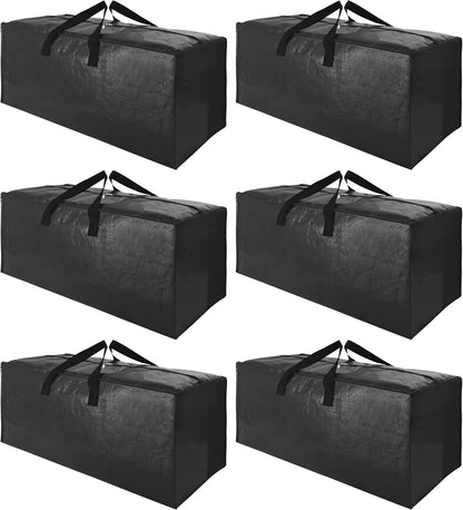 Sweet Dolphin Extra Large Moving Bags - Heavy Duty Storage Totes with Strong Zippers & Handles | 6 Pack, Black