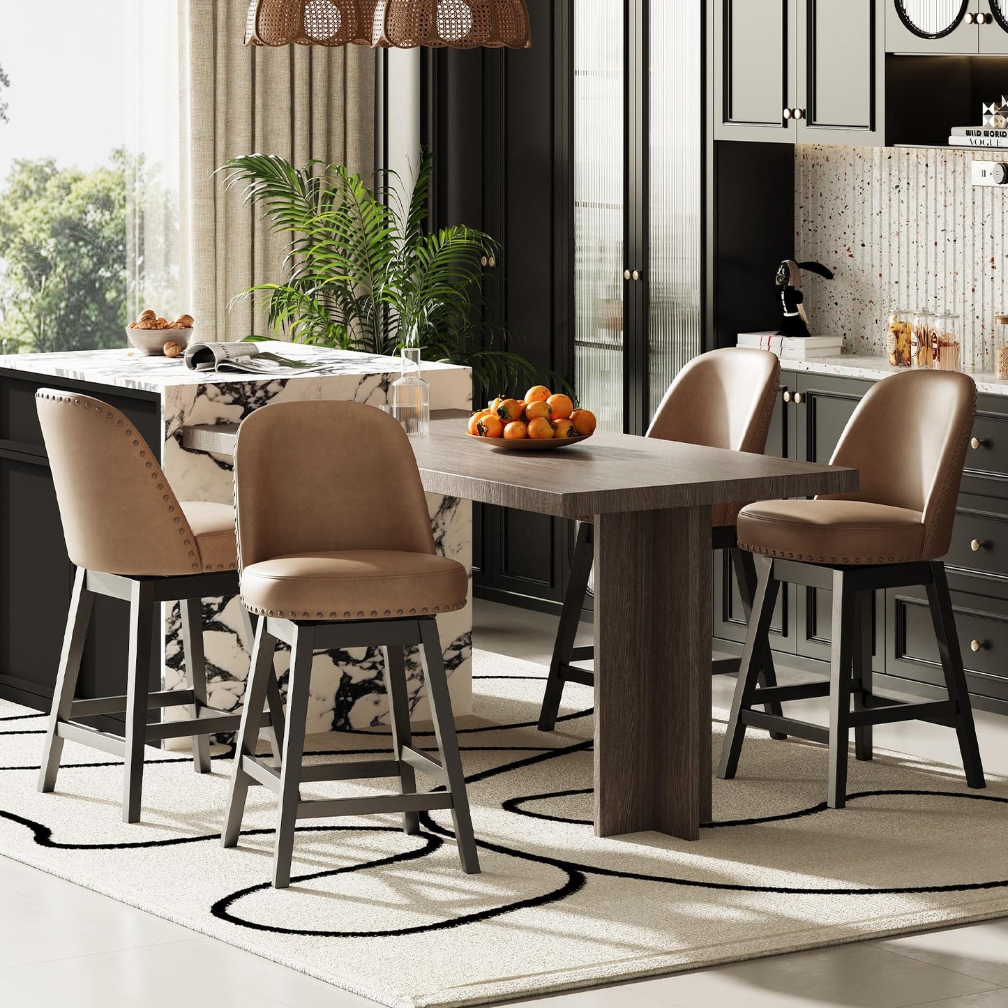 MALOL Swivel Bar Stools Set of 4, PU Leather Mid Century Mondern Barstools, 26 inch Counter Height Bar Chairs with Solid Back and Wood Legs, for Kitchen Island，Brown