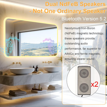 LUVODI Rectangle LED Bathroom Mirror: Smart Bluetooth Vanity Mirror Front-Lit Defogger Stepless Dimming, 27.6x47.3 inch