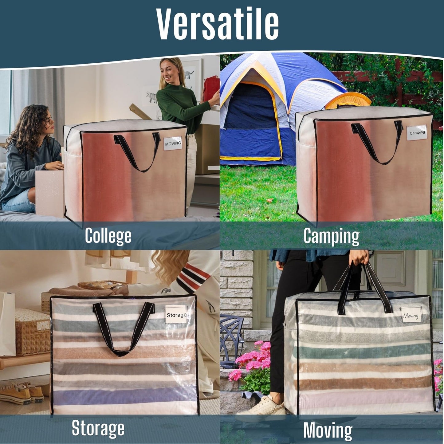 VENO 4 Pack Heavy Duty Moving Bags, Storage Bags, Packing Supplies, Top Zipper, Storage Totes for Camping, Clothes, Bedding, Comforters, Pillows (22 Gallon Clear, 4 Pack)