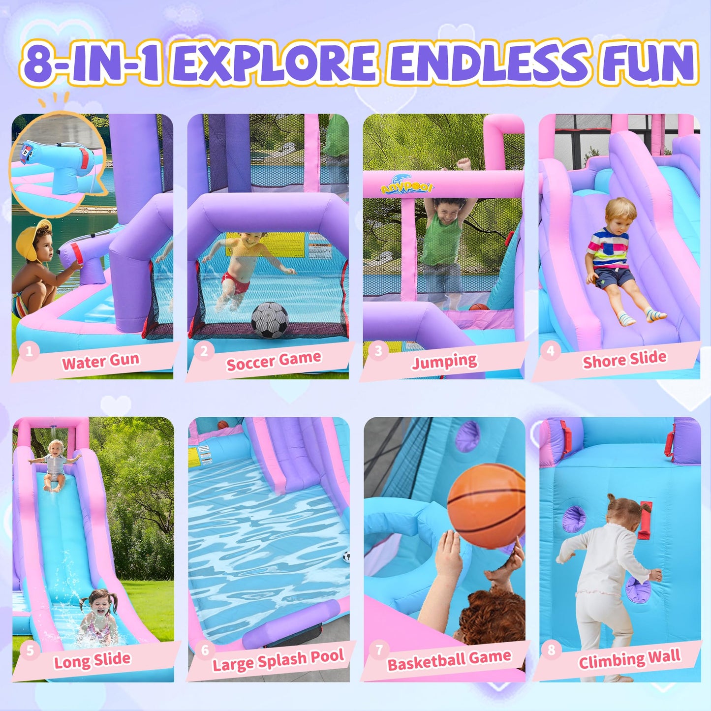 Anypool 8 in1 20Ftx12Ft Inflatable Water Slide with 17.9ft Long Slide Backyard Bounce House for Kids, Water Slides Park with 2 Inflatable Bodyboards for Ages 3-10, Includes 650W Blower