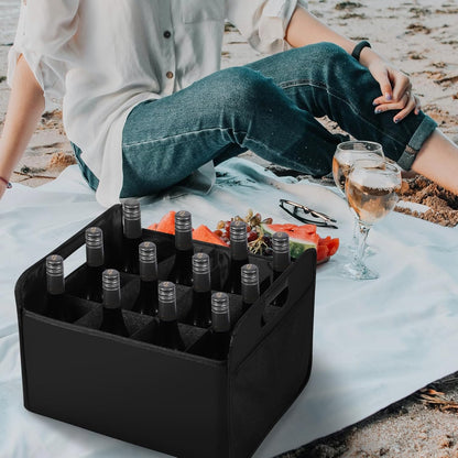 12 Bottle Wine Carrier - Collapsible Premium Felt Tote with Handles for Travel, Party, Picnic, Black