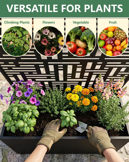 FOLAWO Metal Planter Box with Trellis,70.9"x47.2"x15.7" Raised Garden Bed with Drainage Holes, Privacy Planters for Outdoor Garden Bed for Climbing Plants,Vegetables,and Vines,2PCS,Black-Modular
