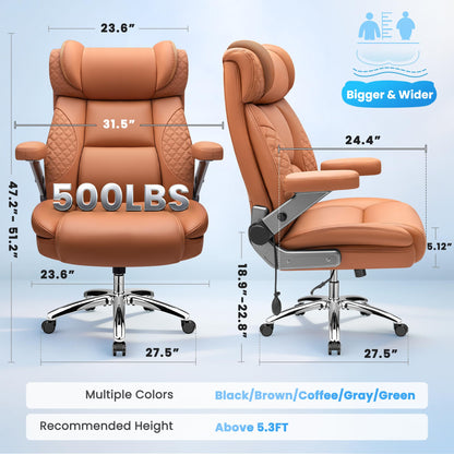 Big and Tall Office Chair for Heavy People, 500LBS Wide Seat Computer Desk Chair, Extra Large Executive Gaming Chair with Adjustable Lumbar Support and 5D Flip Arms, Comfy Heavy Duty Office Chair