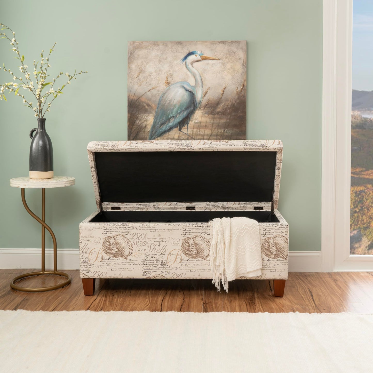 Linon Carmen Ivory and Beige Seashell Upholstered Lift Top Storage Ottoman with Wooden Feet